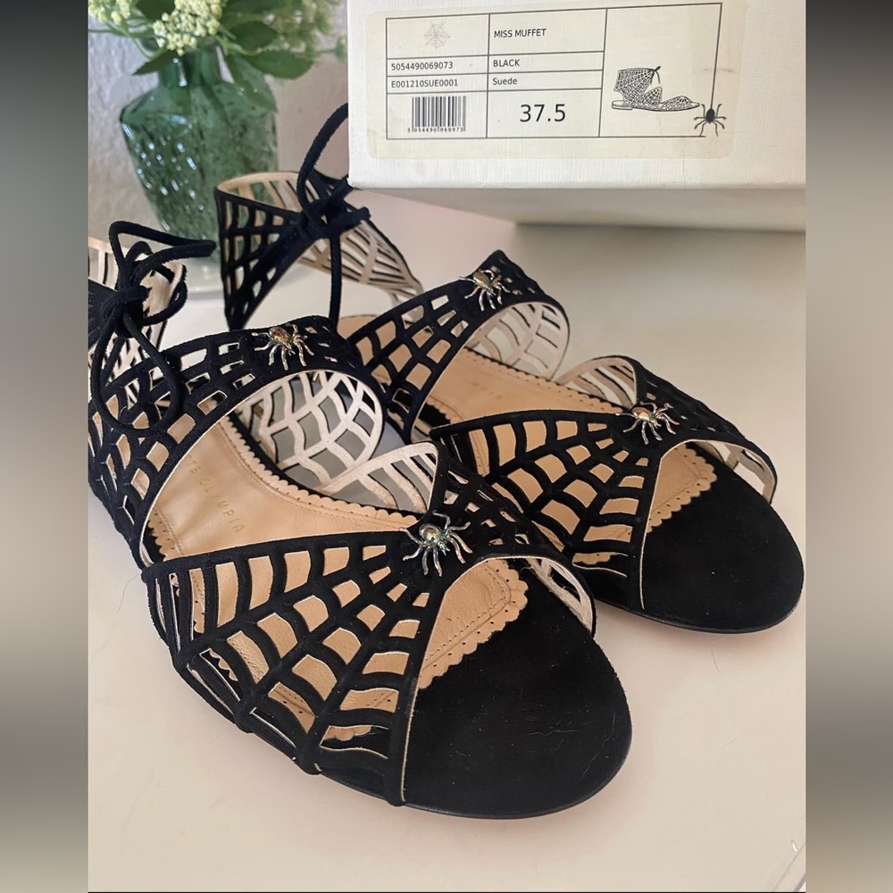 New Charlotte Olympia Miss Muffet Black Spider Web Sandals